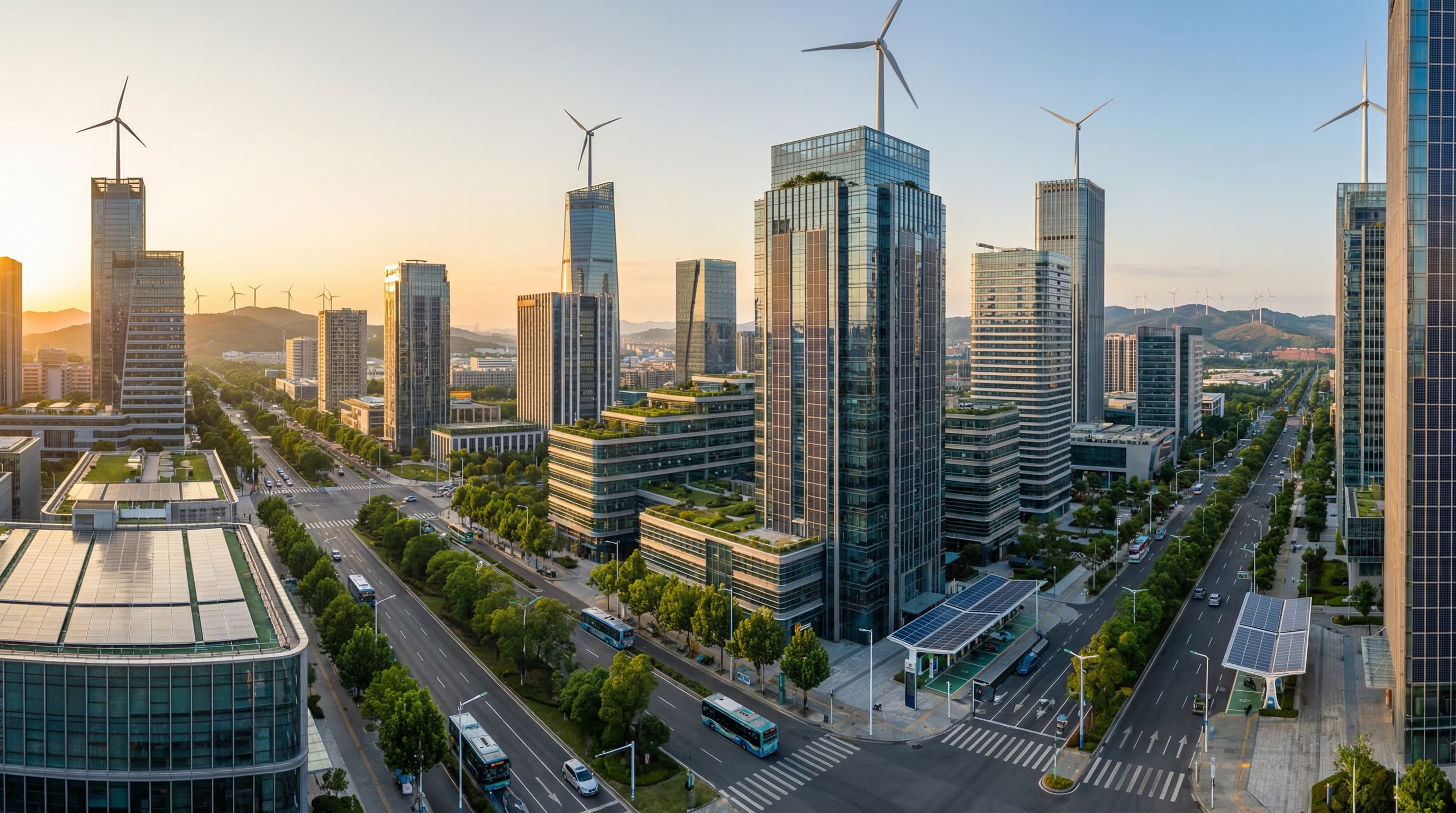 Panorama miasta przyszłości prezentująca kierunek, w którym zmierza nowoczesna energetyka. Inteligentne budynki, zielone dachy, instalacje fotowoltaiczne, stacje ładowania pojazdów elektrycznych oraz farmy wiatrowe tworzą spójny, zrównoważony ekosystem energetyczny. To symbol transformacji, innowacji i czystej energii — wartości, które reprezentuje Nivato Energia.