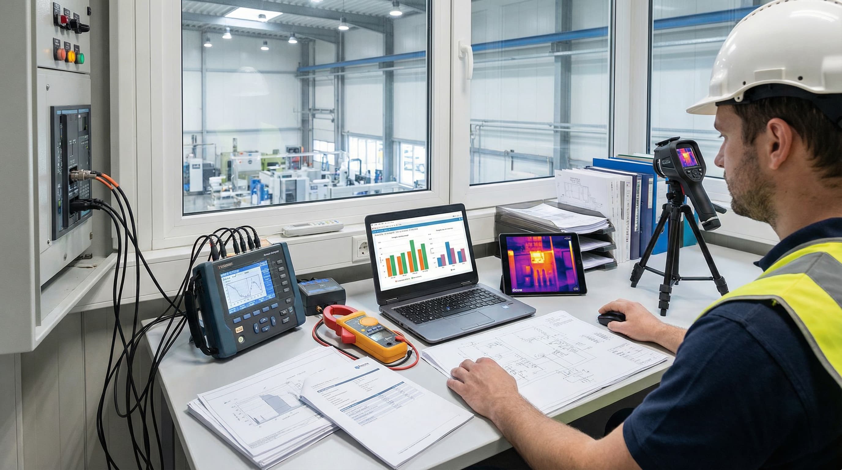 Specjalista wykonuje audyt energetyczny, analizując wyniki pomiarów, wykresy zużycia energii oraz obrazy termowizyjne instalacji. Ujęcie prezentuje kompleksową ocenę efektywności energetycznej w obiekcie przemysłowym.