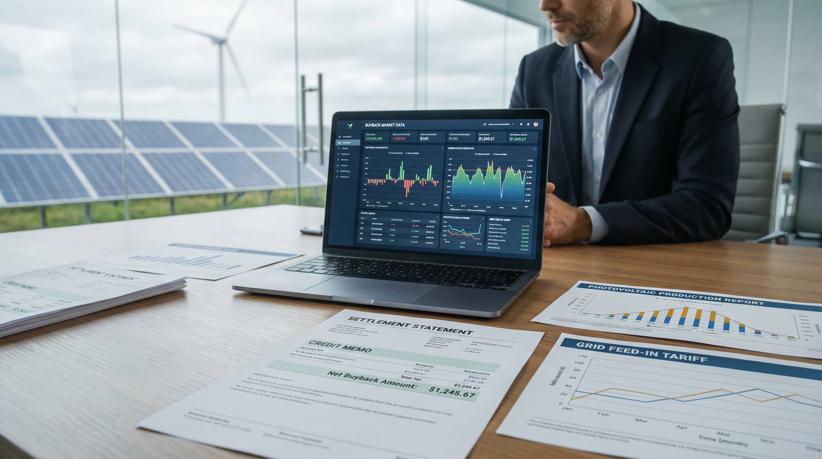 Specjalista analizuje dane dotyczące odkupu energii, zestawienia produkcji PV oraz raporty taryf sieciowych, wykorzystując zaawansowane narzędzia i wizualizacje rynkowe. Ujęcie prezentuje proces rozliczeń i optymalizacji sprzedaży energii.