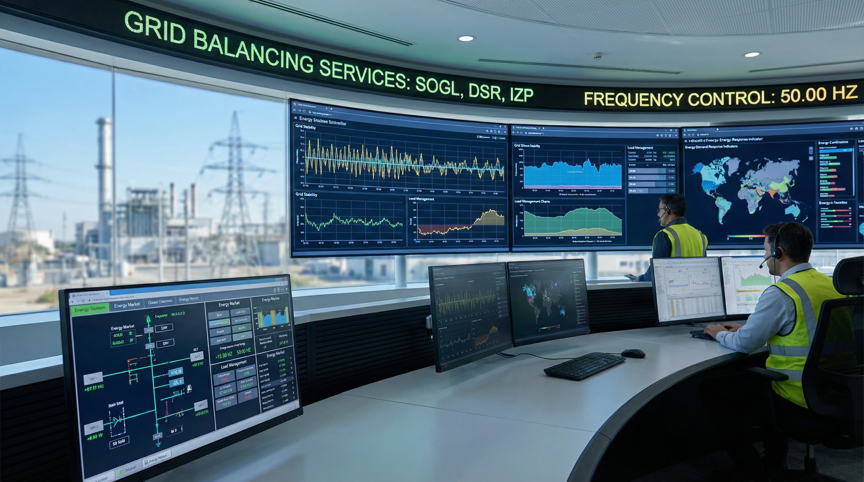 Operatorzy systemu energetycznego monitorują stabilność sieci, bilansowanie mocy i usługi elastycznościowe SOGL, DSR oraz IZP. Na ekranach widoczne są wykresy obciążenia, częstotliwości i dane rynkowe, wspierające bieżące zarządzanie systemem elektroenergetycznym.