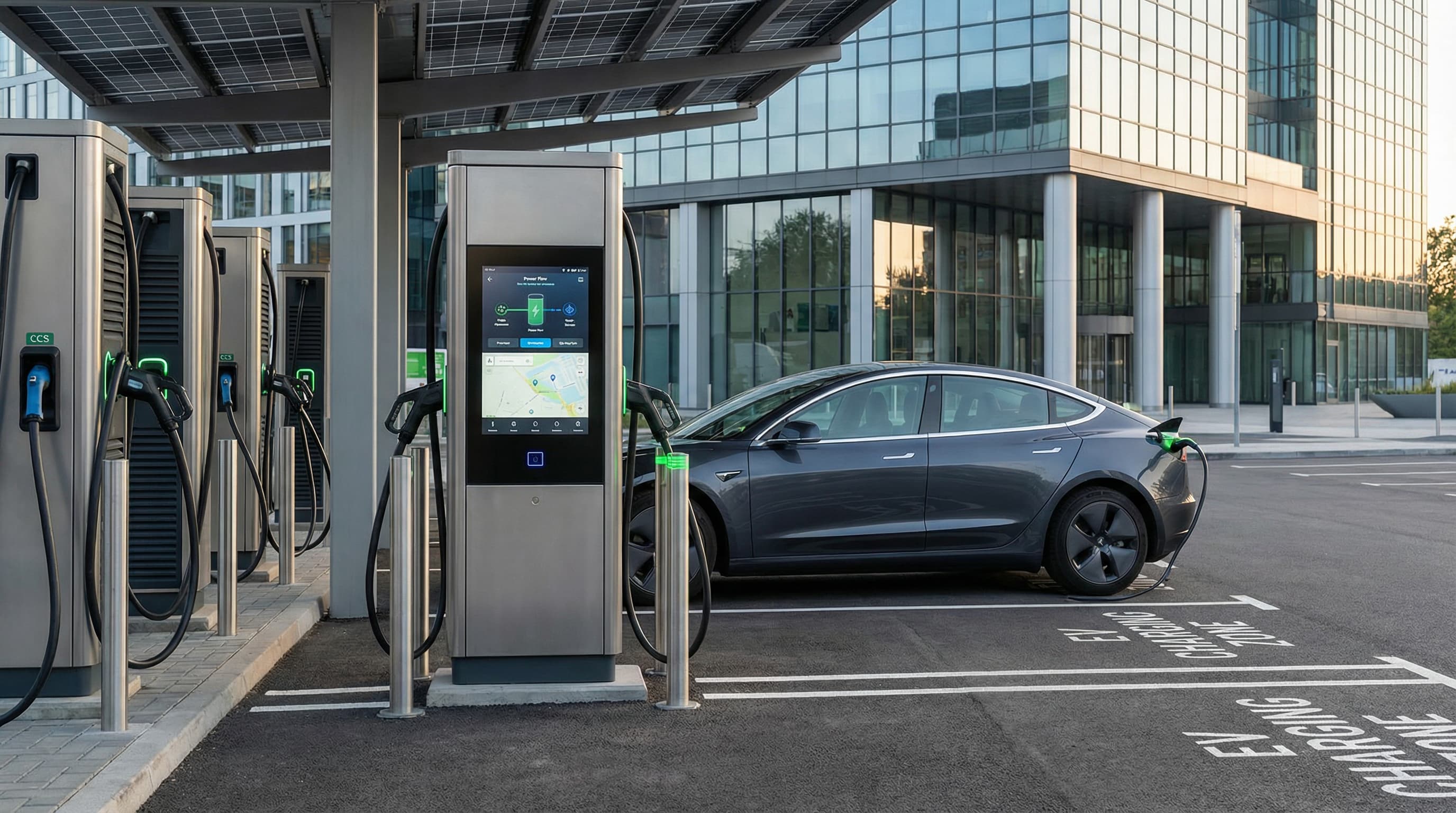 Stacja szybkiego ładowania DC z wieloma punktami ładowania i ekranem do obsługi, na tle biurowca. Samochód elektryczny podłączony do ładowarki prezentuje infrastrukturę gotową dla firm, parkingów i obiektów komercyjnych.
