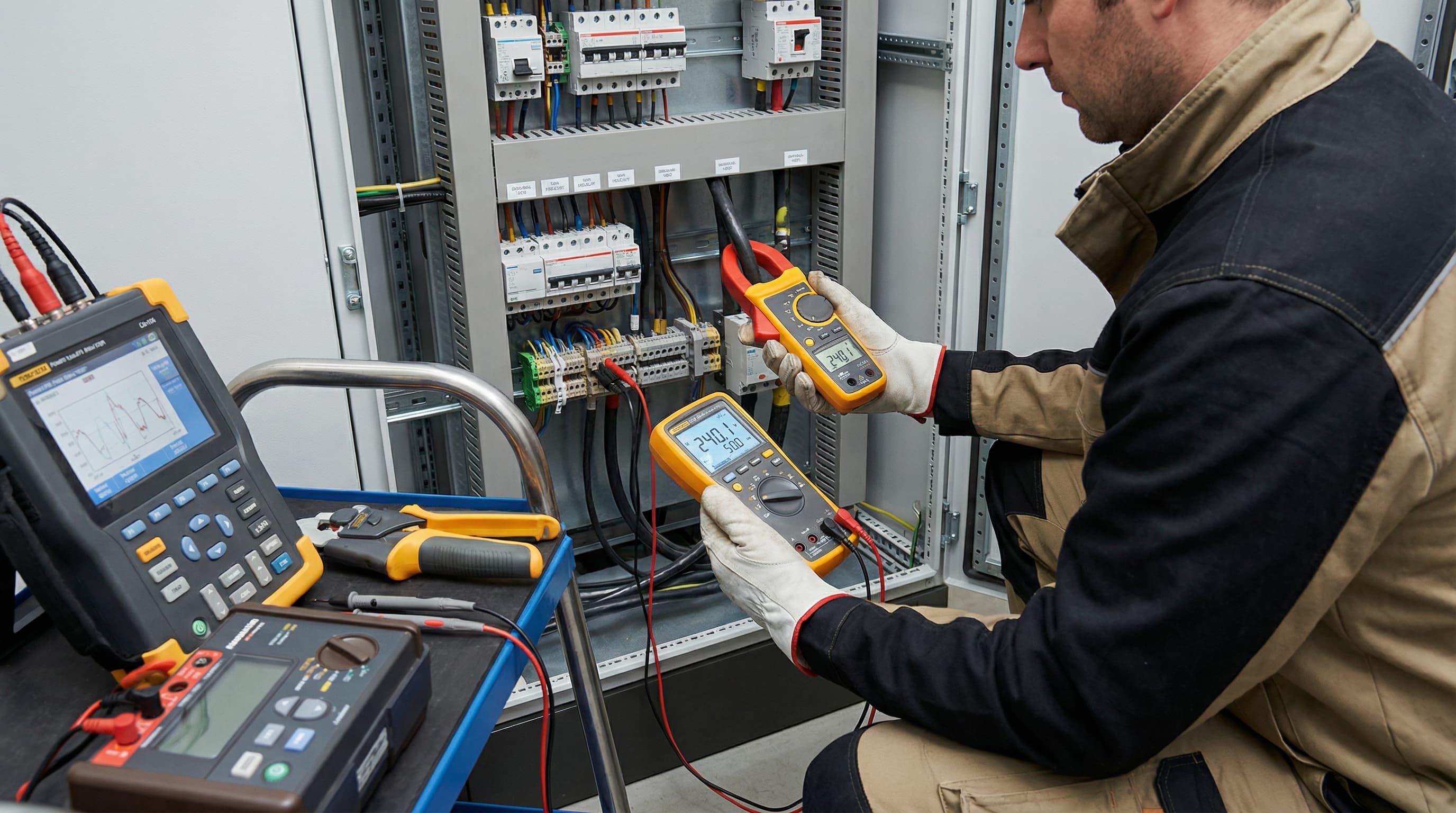 Technik wykonuje pomiary napięcia, prądów i parametrów jakości energii w rozdzielnicy elektrycznej, korzystając z mierników i analizatora sieci. Dokumentacja pomiarów zapewnia zgodność instalacji z normami bezpieczeństwa.