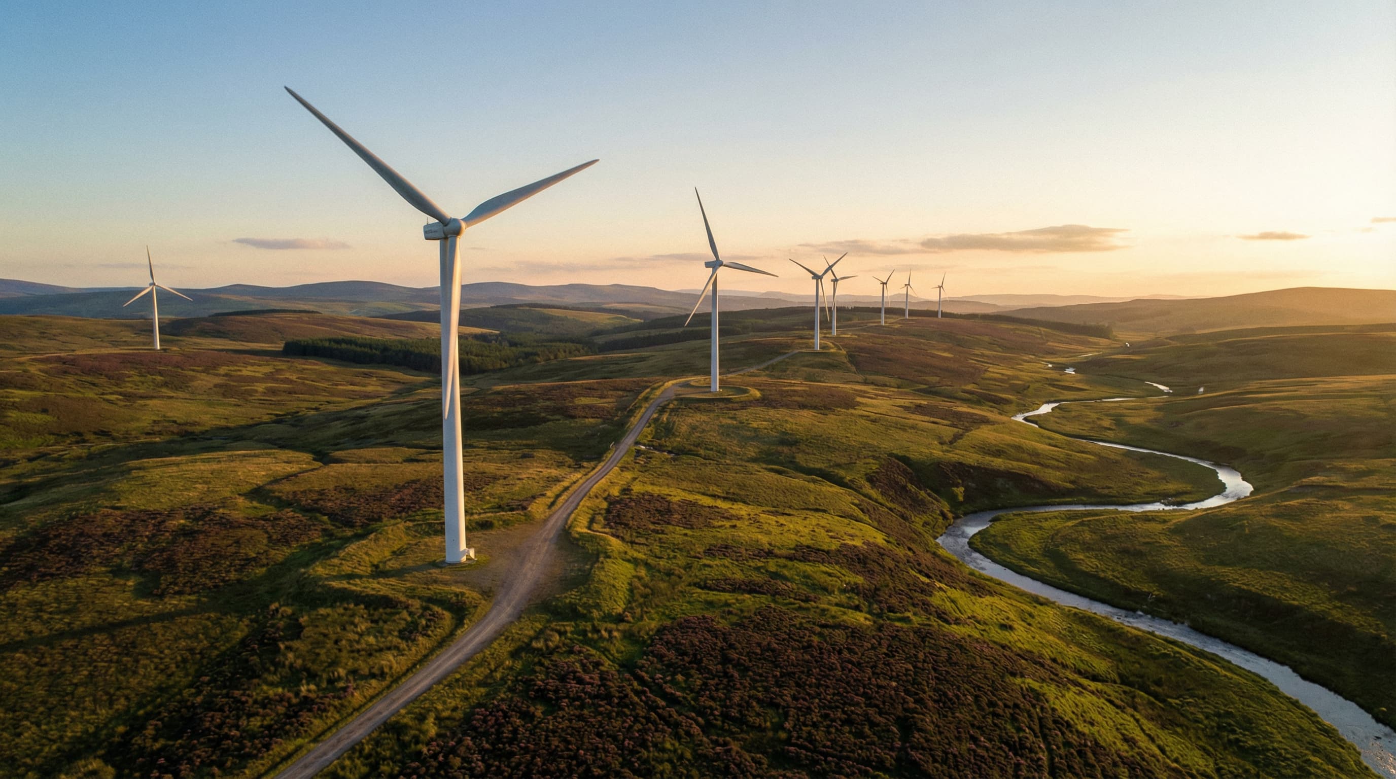 Turbiny wiatrowe podczas pracy na tle zachodzącego słońca