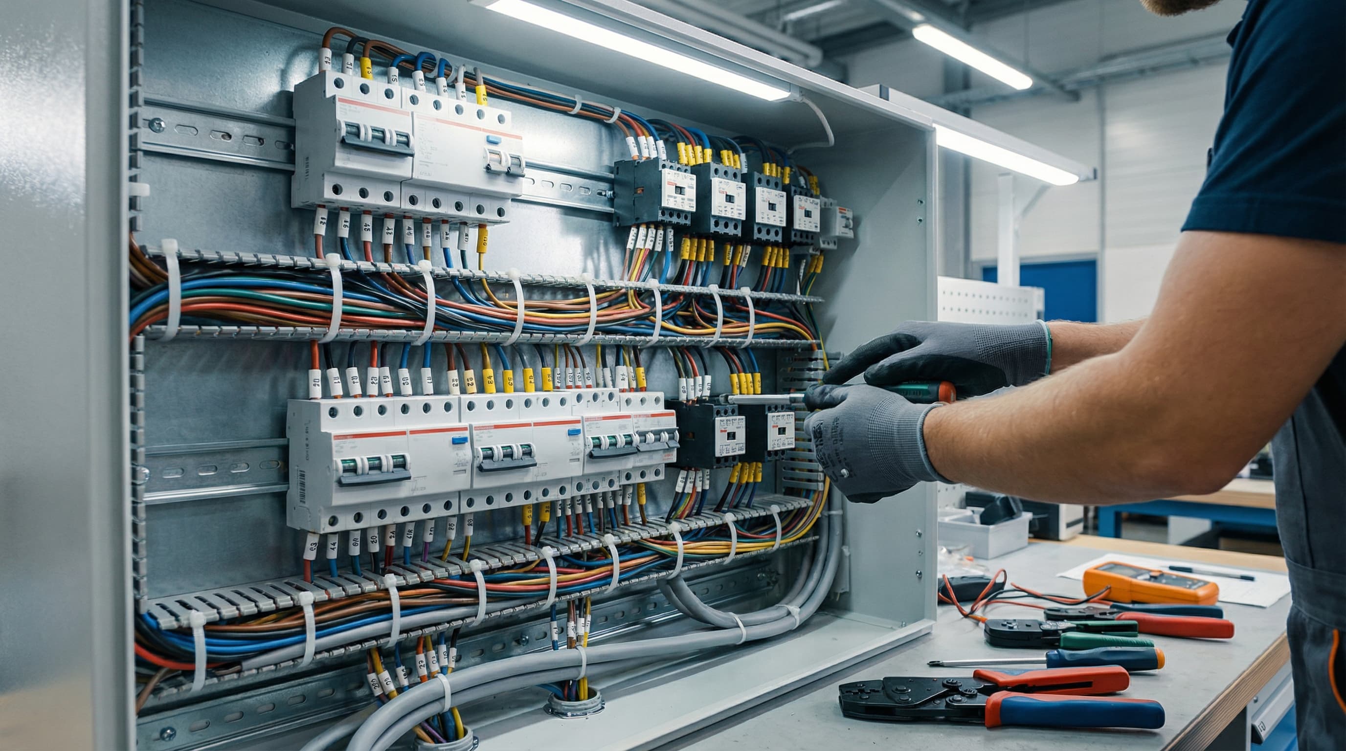 Technik montuje aparaturę modułową i prowadzi okablowanie w rozdzielnicy elektrycznej podczas prefabrykacji. Zdjęcie pokazuje precyzyjne wykonanie instalacji zgodne z normami i wymaganiami projektowymi.