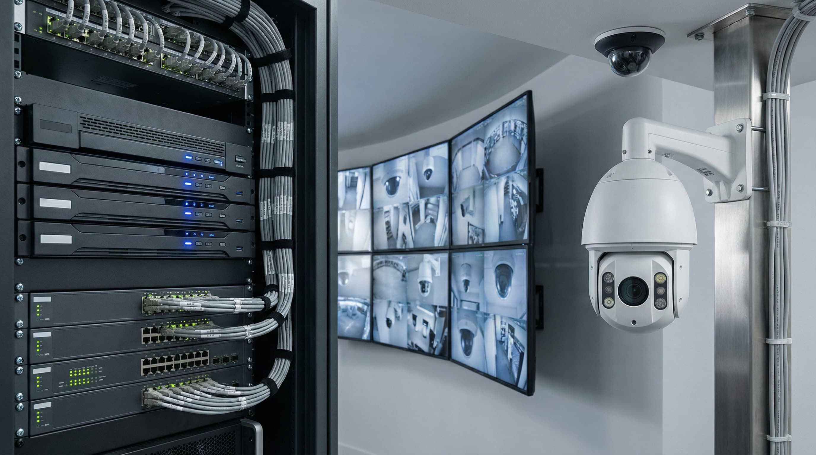 Zaawansowany system CCTV obejmuje kamerę obrotową, serwer monitoringu oraz stanowisko podglądu z wieloma ekranami, zapewniając kompleksowe bezpieczeństwo obiektu. Ujęcie prezentuje pełną infrastrukturę nadzoru wizyjnego.