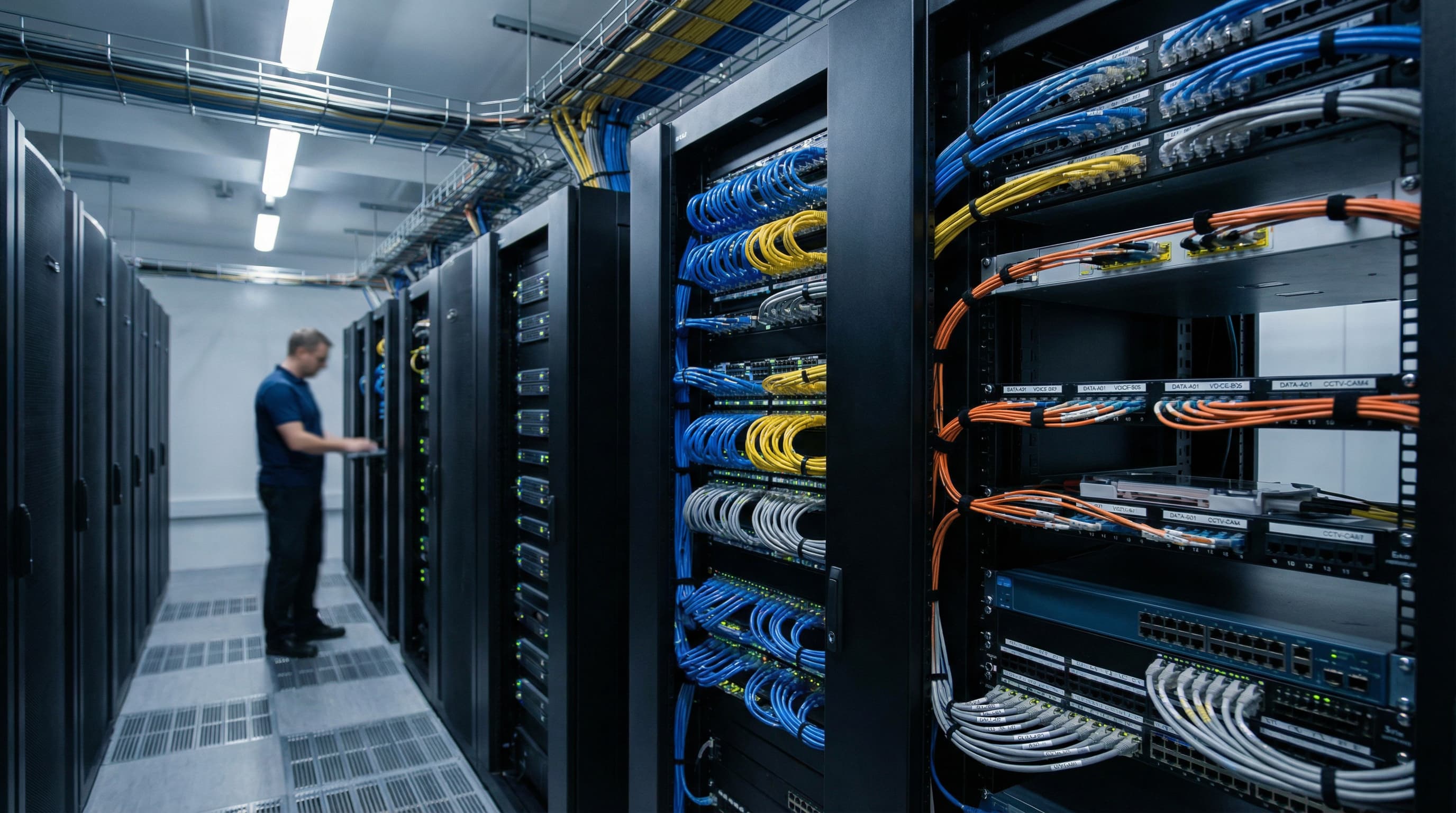 Serwerownia wyposażona w szafy rack, przełączniki sieciowe i uporządkowane okablowanie strukturalne zapewnia niezawodne działanie systemów IT. Ujęcie podkreśla skalę i profesjonalizm infrastruktury centrów danych.