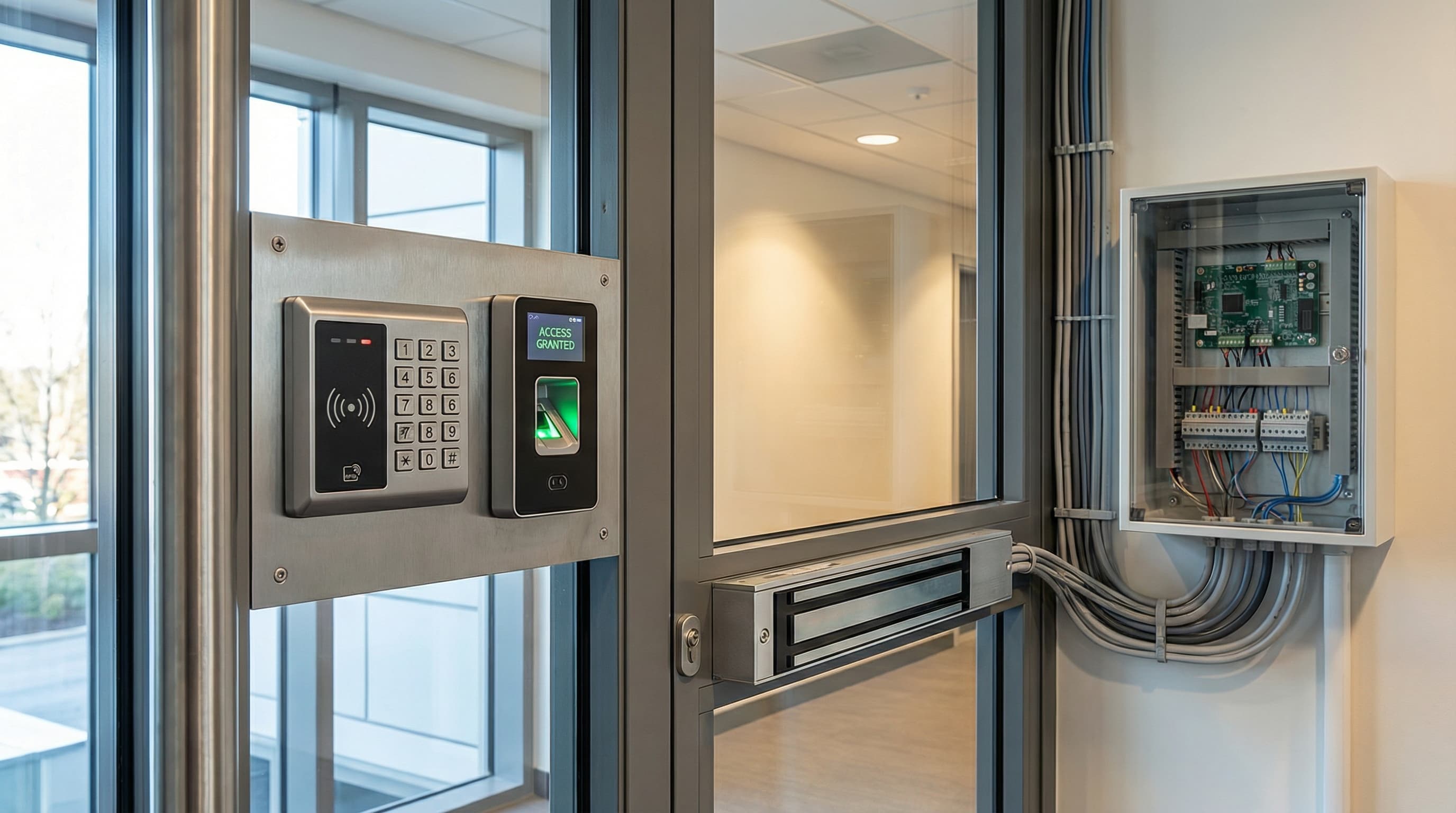 Instalacja kontroli dostępu obejmuje czytnik kart, klawiaturę kodową, czytnik biometryczny oraz zamek elektromagnetyczny sterowany z centrali KD. Ujęcie prezentuje profesjonalny system zabezpieczeń wejścia.