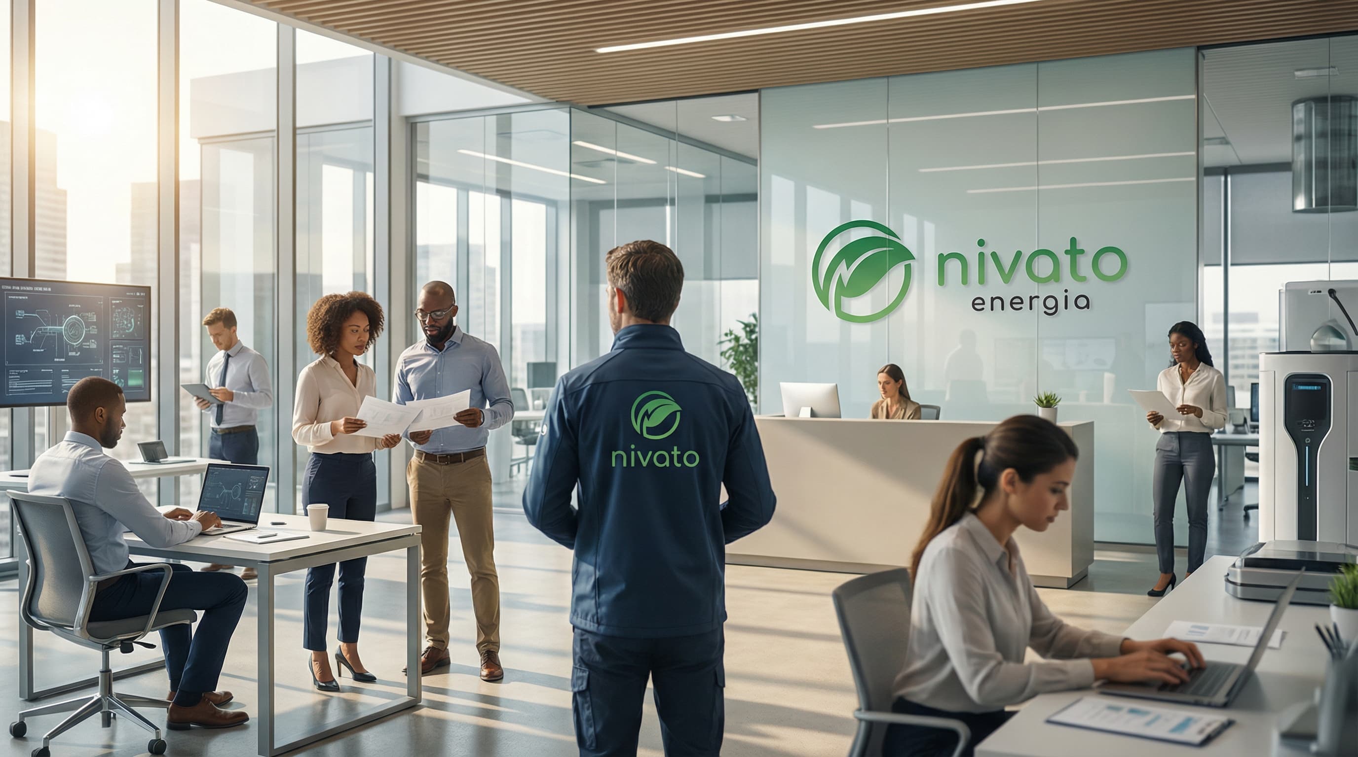 Nowoczesne biuro Nivato Energia, w którym specjaliści analizują projekty energetyczne, pracują na laptopach i konsultują dokumentację techniczną. W tle widoczne jest logo firmy oraz przestrzeń recepcyjna, podkreślająca profesjonalny i innowacyjny charakter organizacji.