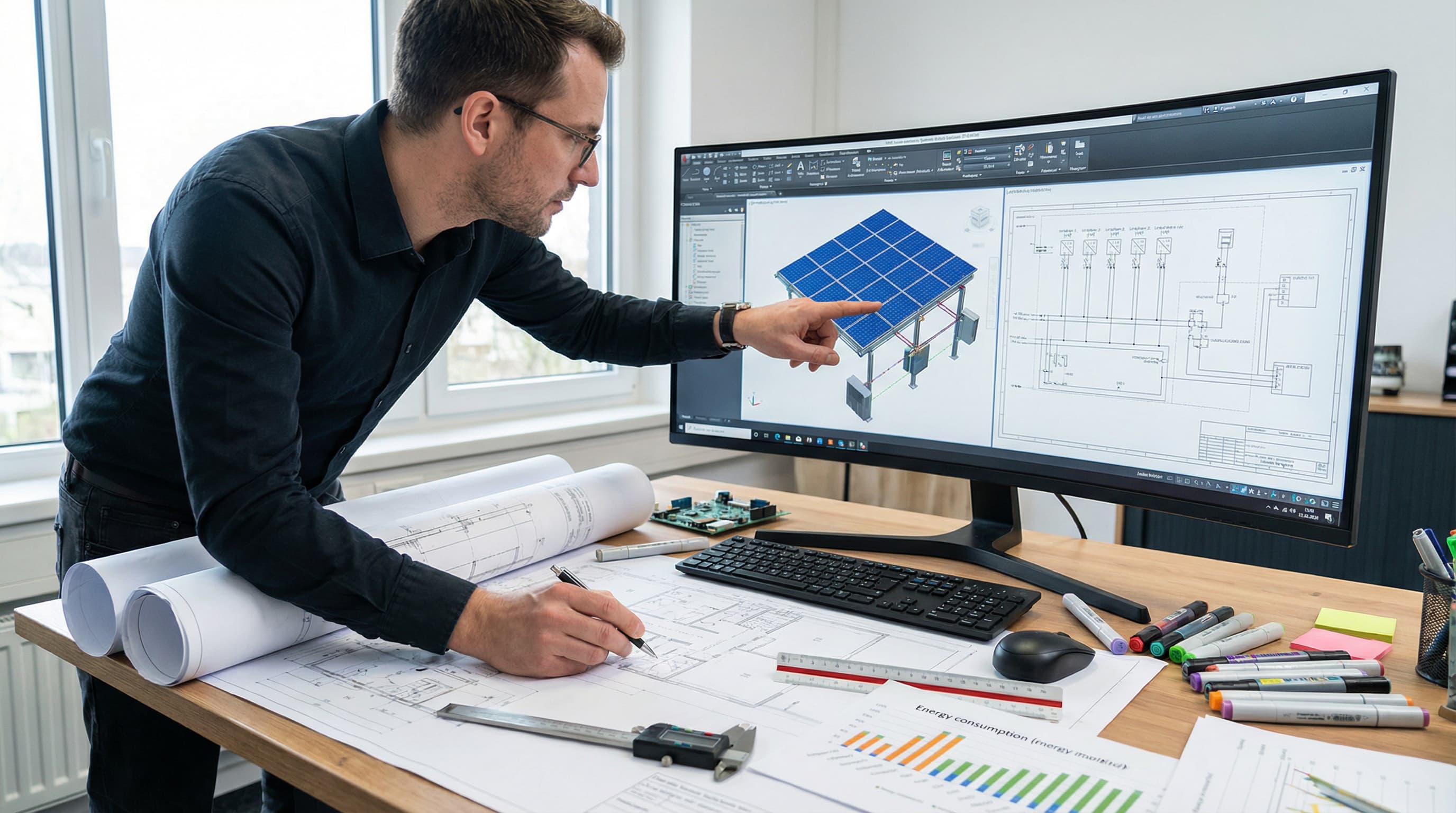 Inżynier opracowuje projekt instalacji PV, analizując model 3D oraz schematy elektryczne w specjalistycznym oprogramowaniu CAD. Na biurku znajdują się rysunki techniczne, pomiary i dane zużycia energii, wspierające precyzyjne przygotowanie dokumentacji projektowej.