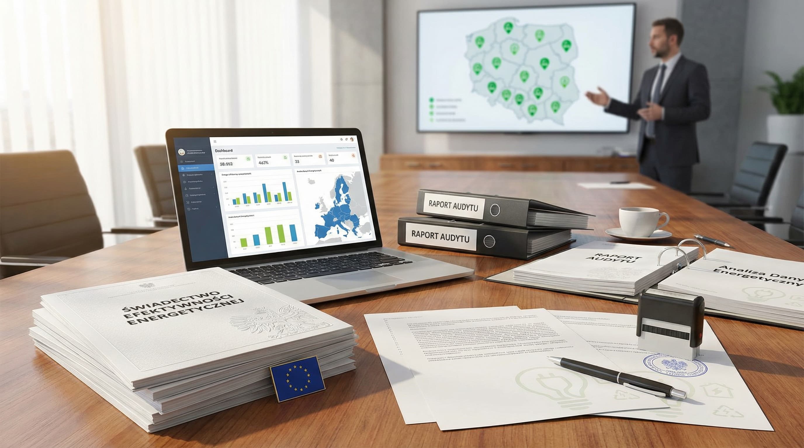 Dokumenty dotyczące białych certyfikatów, raporty audytów energetycznych oraz analiza danych prezentowane są podczas spotkania eksperckiego. Ujęcie pokazuje proces formalny i analityczny związany z poprawą efektywności energetycznej.