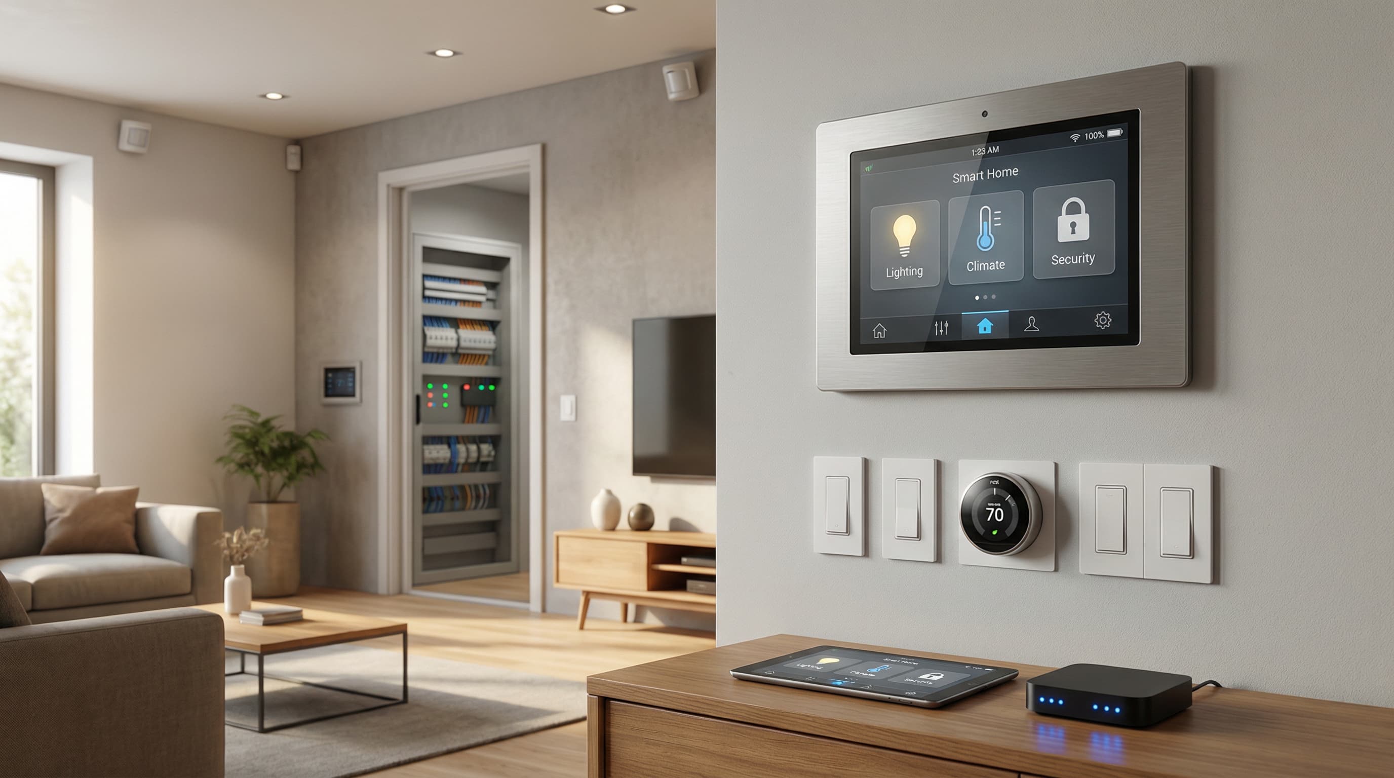 Nowoczesny dom wyposażony w panel smart home, automatykę domową i rozdzielnię sterującą umożliwia zarządzanie oświetleniem, klimatem i bezpieczeństwem z jednego systemu. Ujęcie podkreśla funkcjonalność i integrację inteligentnych instalacji.
