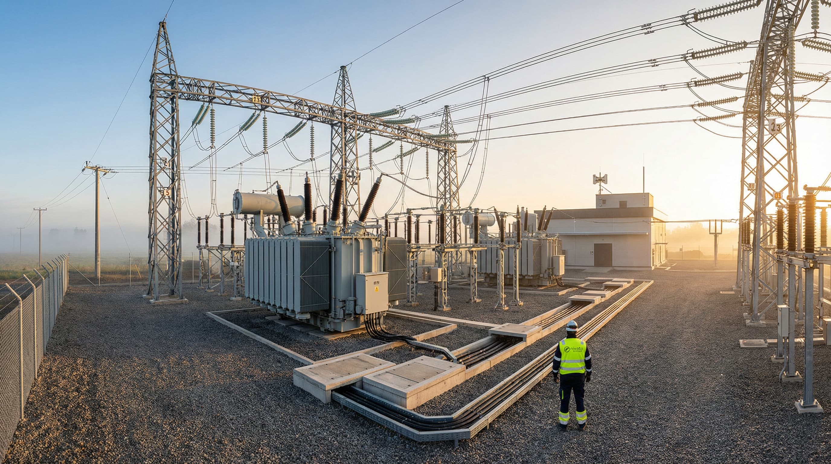 Stacja transformatorowa wyposażona w transformatory, rozdzielnie i linię wysokiego napięcia zapewnia niezawodne przesyły energii. Ujęcie podkreśla skalę i znaczenie infrastruktury elektroenergetycznej w sieciach przesyłowych.